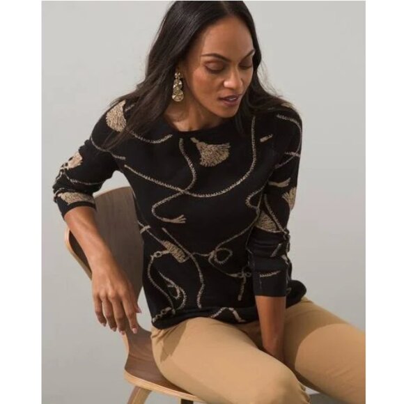 Chico's Black Gold Metallic Rope Design Sweater Bateau Neck Long Sleeves Size M - Picture 7 of 11